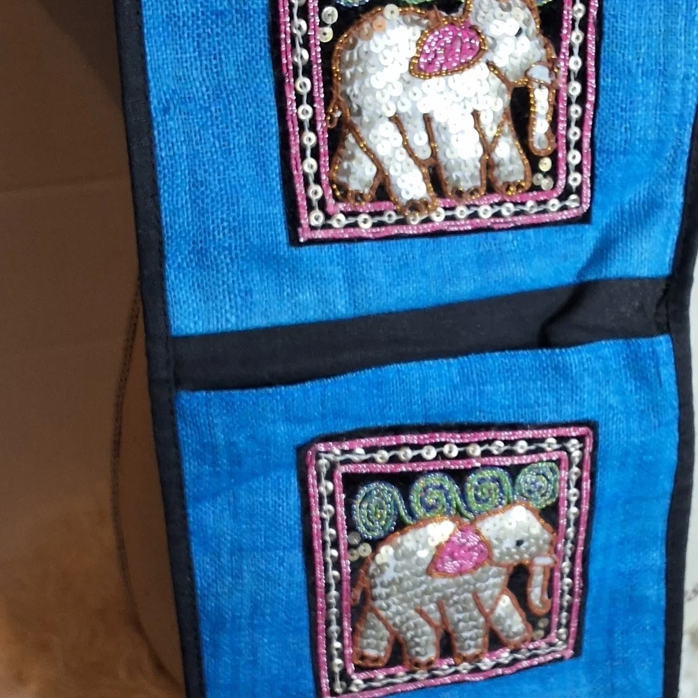 Boho Wall Hanging Embroidered Elephant Textile Art Blue Bohemian Decor